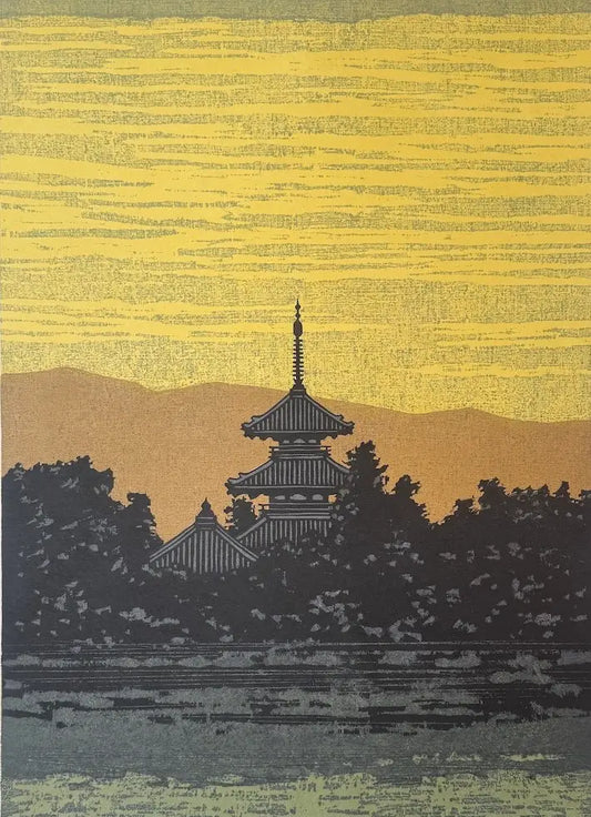 Estampe japonaise Fumio Fujita La Pagode d'Ikaruga gravure sur bois signée