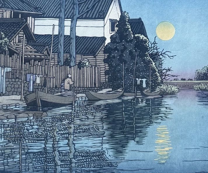 Estampe japonaise de Hasui Kawase : Soir à Itako
