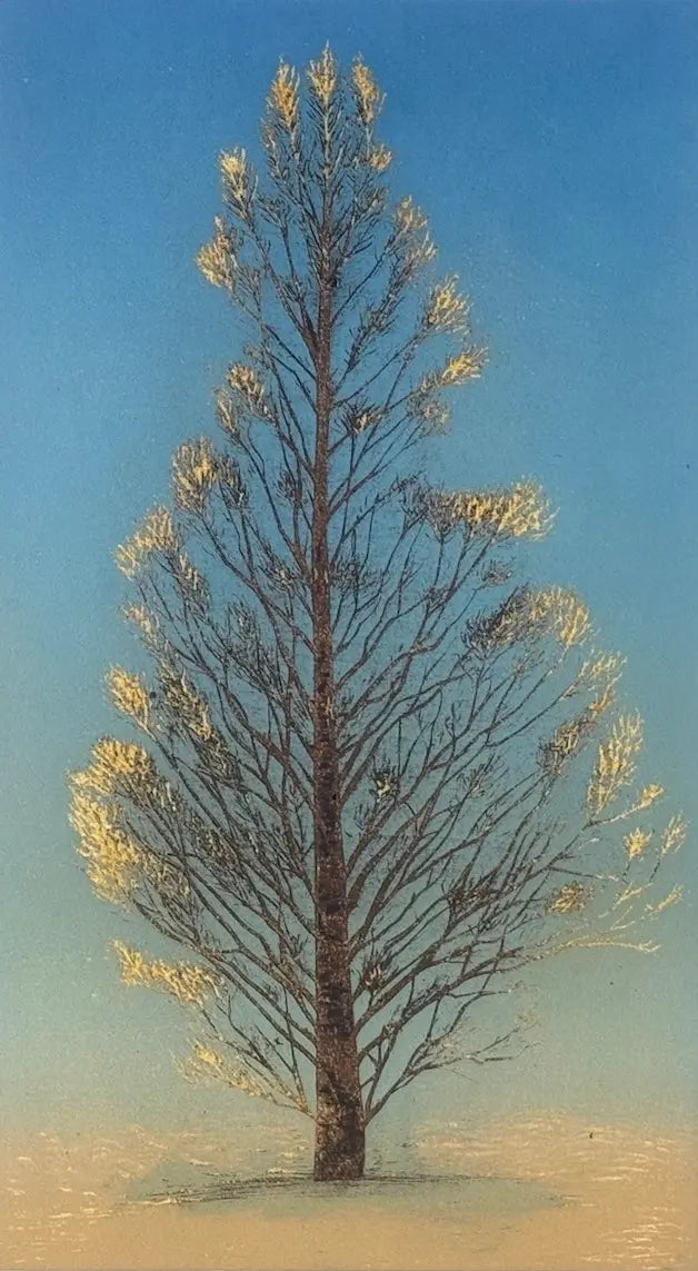 Arbre solitaire estampe japonaise contemporaine de Hirose Takashi